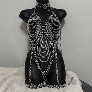 Silver Chain & Rubber Ring Bodysuit Harness Choker Leg Cuffs - RARE 🥵🔥